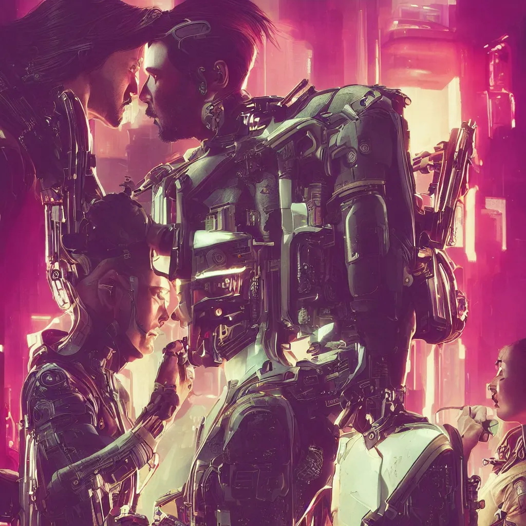 Image similar to a cyberpunk 2077 instagram couple portrait of a Keanu Reeves and a female android final kiss,love,film lighting,by Laurie Greasley,Lawrence Alma-Tadema,Dan Mumford,John Wick,Speed,Replicas,artstation,deviantart,FAN ART,full of color,Digital painting,face enhance,highly detailed,8K,octane,golden ratio,cinematic lighting