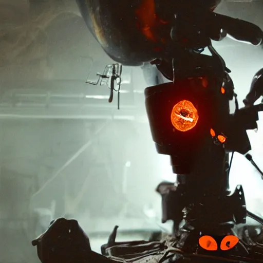 Image similar to augmented human repairing weapon made from old egg beater, dark messy smoke - filled cluttered workshop, dark, dramatic lighting, orange tint, cinematic, highly detailed, sci - fi, futuristic, movie still from blade runner