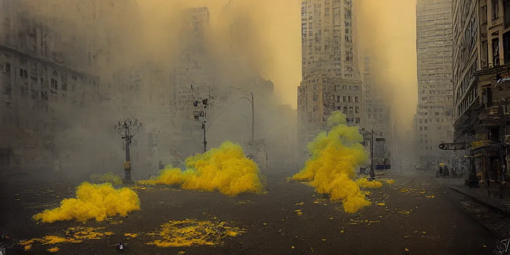 Image similar to kiev city streets covered in yellow and blue smoke, by jeremy mann, by kim keever