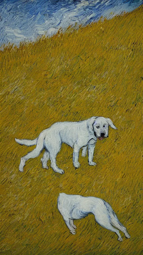 Image similar to A white and yellow dog was rolling in the field,In the style of Van Gogh.