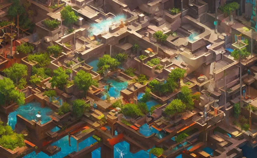 Prompt: art by filip hodas, pixar, and artgerm. level design many pipes from which clean water flows. clean, neat, indoor, advertising, entertainments, inside, interior.