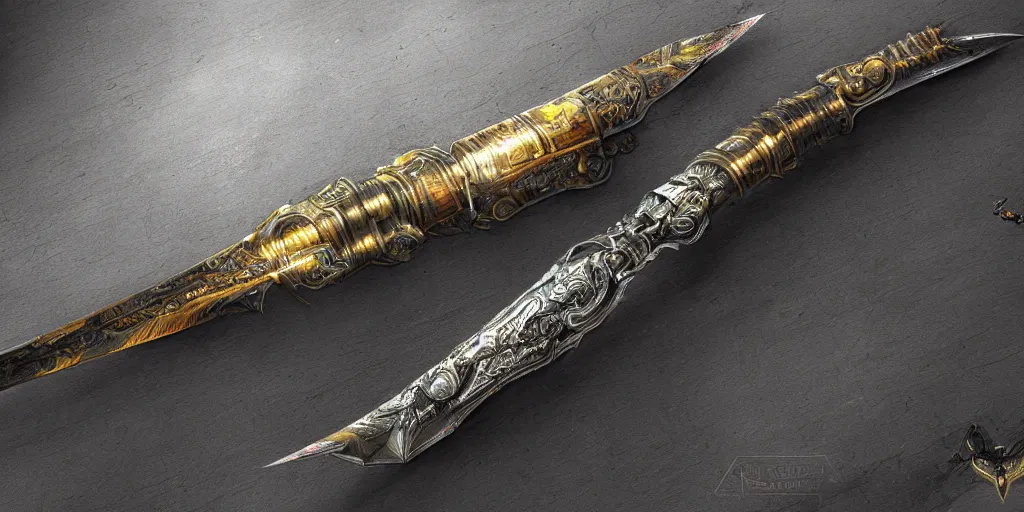 Image similar to legendary cybernetic full long sharp sword lying flat on a glowing table with a black and iridescent sword blade, digital award winning hd matte painting, intimate dark moody, intricate, ornate spikes, colorful gems on hilt, detailed realistic raytraced blade, future golden technological pommel, in the style of krenz cushart, deviantart