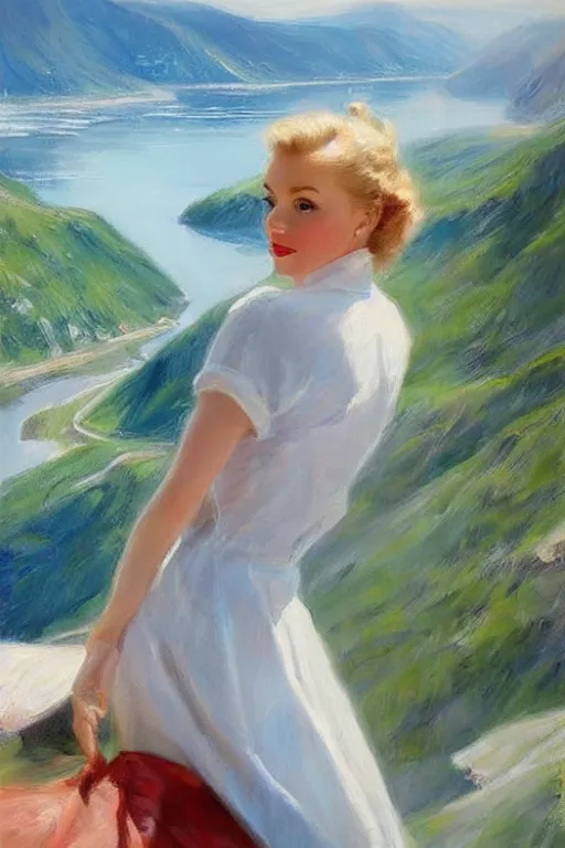 Image similar to 1950s beautiful!!! blonde looking over a Norwegian fjord, aesthetic!!! painting by Vladimir Volegov