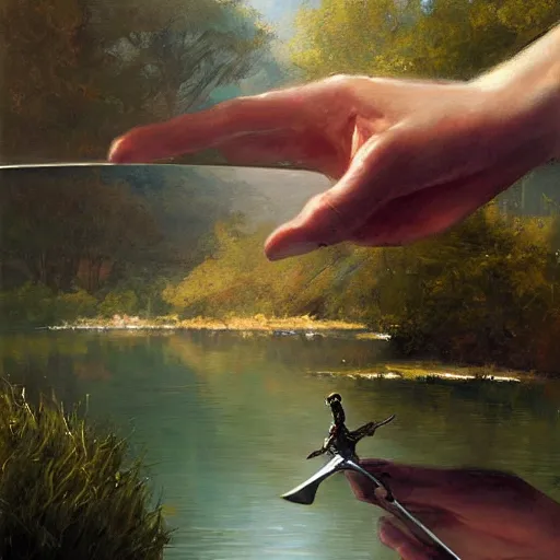 Image similar to a beautiful painting of a hand appearing from a lake holding a sword by james gurney, craig mullins