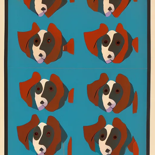 Prompt: tlingit haida lithographic, 3 / 4 portrait of havanese dog, simplified forms, multiple colors, print by tristan - wolf reg davidson clifton guthrie maynard johnny jr.