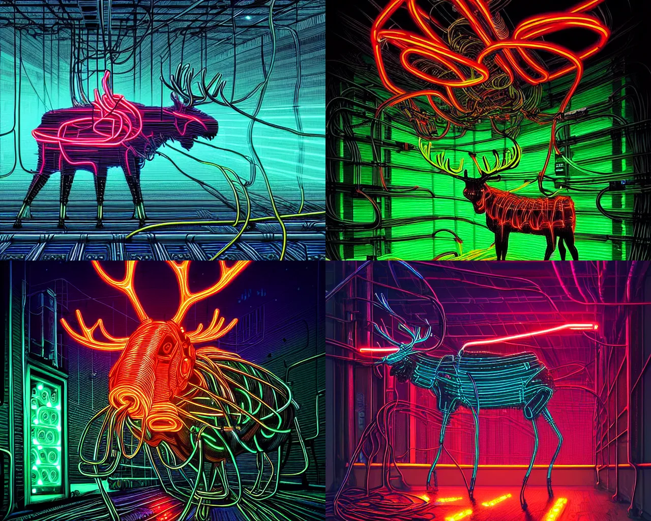 Prompt: cybernetic moose wrapped in wires and cables with glowing electrical sparks and neon dripping paint, dark fantasy illustration by dan mumford and anato finnstark