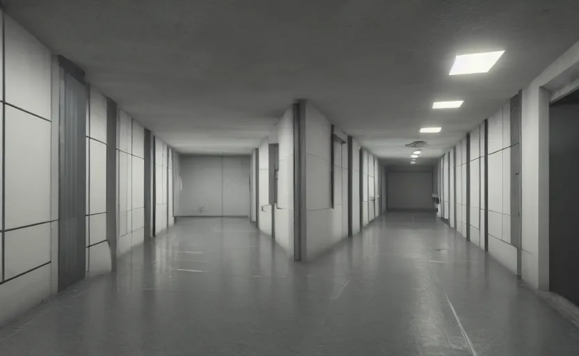 Image similar to screenshot of a first person shooter game on unreal engine 5, narrow modern hallways of a government office facility with white dry wall, photorealistic, retrofuturism, concept art, trending on artstation