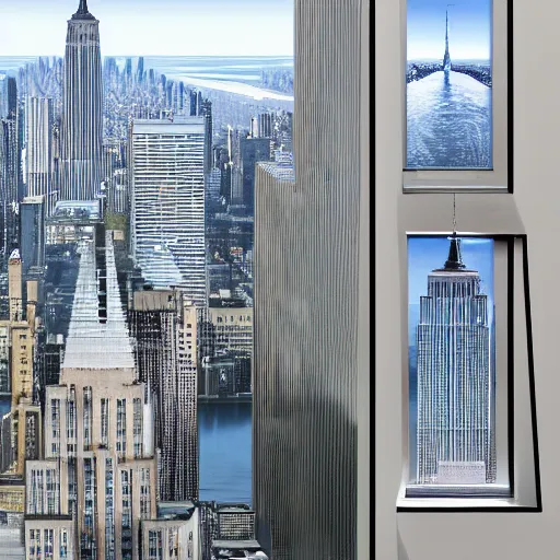 Image similar to serene rivers of water flowing from the windows, fluid simulation, empire state building, long shot, 2 0 0 mm, orthogonal perspective, photorealist, panorama, new york background, detailled, sharp focus, realistic, trending on artstation, cg society, 8 k, unreal