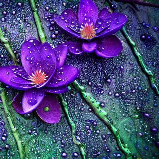 Image similar to nature shot of alien jungle fruit covered in dew drops floating atop shimmering waters, looming milky purple mist in the background, vines, tendrils, lotus style and shape in tilt shift, low angle by kazuya takahashi