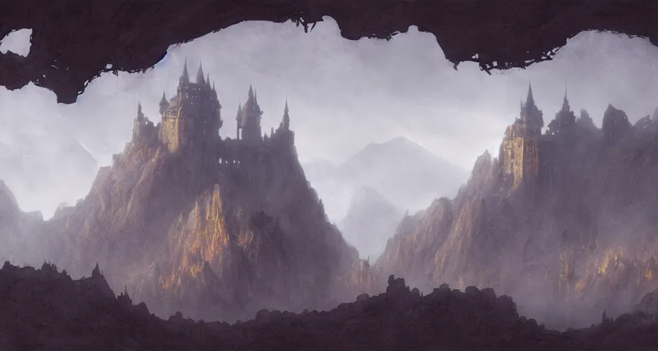 Image similar to castle on a misty mountain by John Howe and Jeff Easley and Craig Mullins, concept art, HD, 8K
