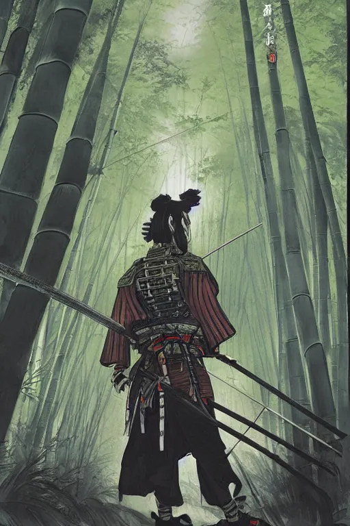 Image similar to samurai general in dark japanese bamboo forest with light shafts, by travis charest, jesper ejsing