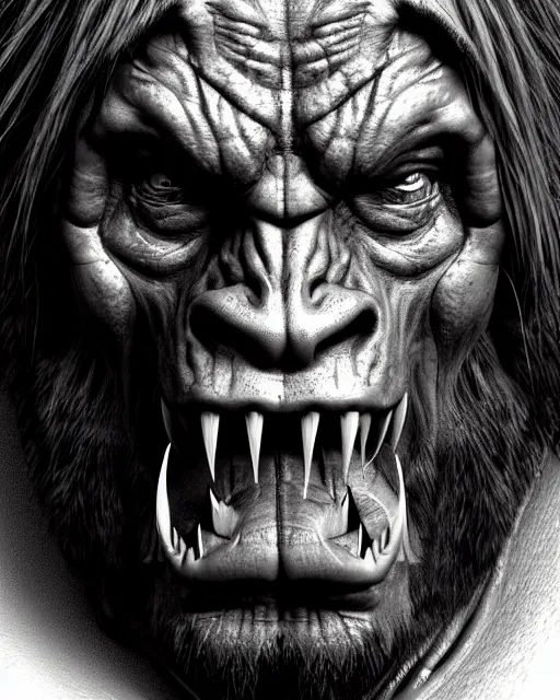 Image similar to orc, hyper realism, fine details, deviantart artstation, extremely detailed, black and white, very sharp, in the style of albrecht durer