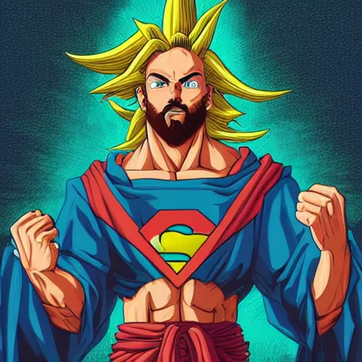 Prompt: Jesus as a super Saiyan. digital art by Dan Mumford and Peter Mohrbacher, highly detailed, trending on ArtStationHQ