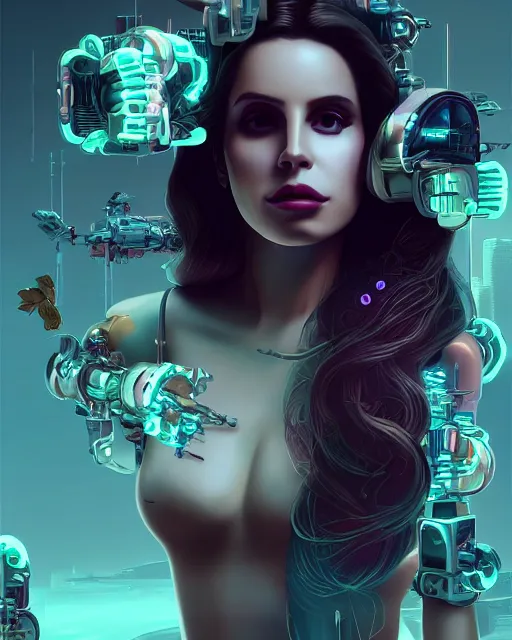 Image similar to portrait of lana del rey as a cyberpunk cyborg. rose on mouth, sci - fi, missing panels, intricate abstract upper body intricate artwork, by tooth wu, wlop, beeple, dan mumford. concept art, octane render, deviantart, greg rutkowski, cinematic, key art, hyperrealism, iridescent accents