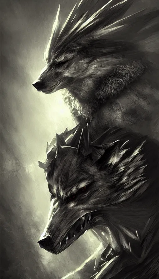 Image similar to punk wolf, fantasy, art station, dramatic, concept art, portrait, light