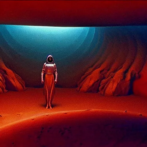 Prompt: colour aesthetic highly detailed photography scene from dune ( 2 0 2 1 ) by alejandro hodorovski and denis villeneuve and gregory crewdson style with ultra hyperrealistic very highly detailed faces. with many details by andrei tarkovsky and caravaggio in sci - fi style. volumetric natural light hyperrealism