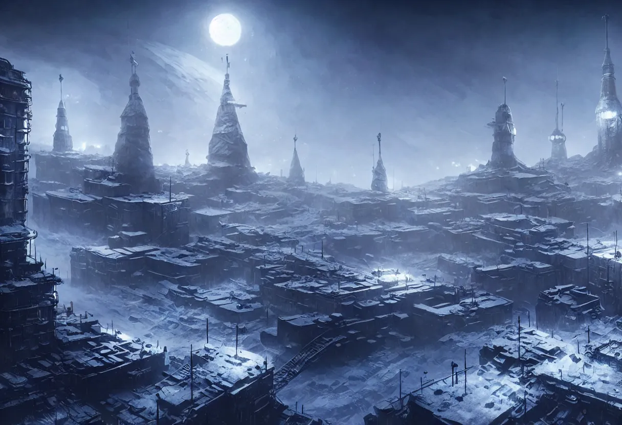 Prompt: frostpunk style concept art of russian city on the moon, matte painting, beautiful render, octane render, concept art