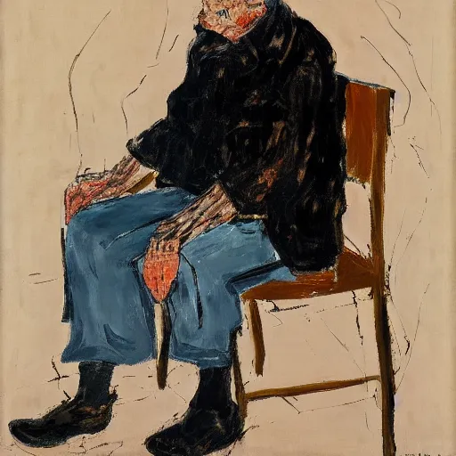 Image similar to painting of an old man sitting on a chair, waiting, by georg baselitz