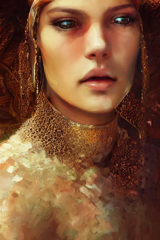 Prompt: babylonian princess, gorgeous, close-up portrait, intricate, elegant, volumetric lighting, scenery, digital painting, highly detailed, artstation, sharp focus, illustration, concept art, ruan jia, steve mccurry