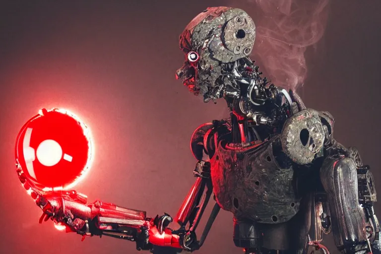 Prompt: a robot monster with red glowing eyes, creepy from darkness, smoke, detailed, wide shot,. - h 4 0 0