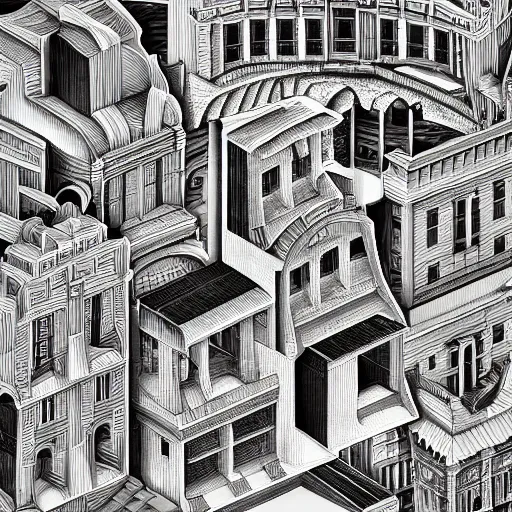 Image similar to a highly detailed, black and white, beautiful city in the style of MC Escher, 4K