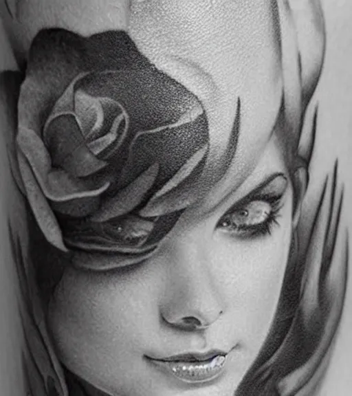 Image similar to tattoo design sketch of a beautiful girl portrait in front of a faded mountain background, in the style of den yakovlev, black and white, realism tattoo, hyper realistic, highly detailed