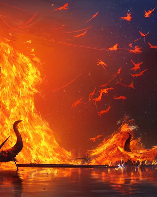 Prompt: in the lower part of the picture is the harp burning in the fire, above are cranes flying in flames, digital painting, concept art