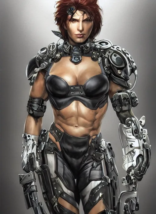 Image similar to very muscled Amazon jetstream sam from metal gear rising as a ruggedly mean looking heroine, intricate, elegant, highly detailed, centered, digital painting, artstation, concept art, smooth, sharp focus, illustration, art by artgerm and donato giancola and Joseph Christian Leyendecker, WLOP