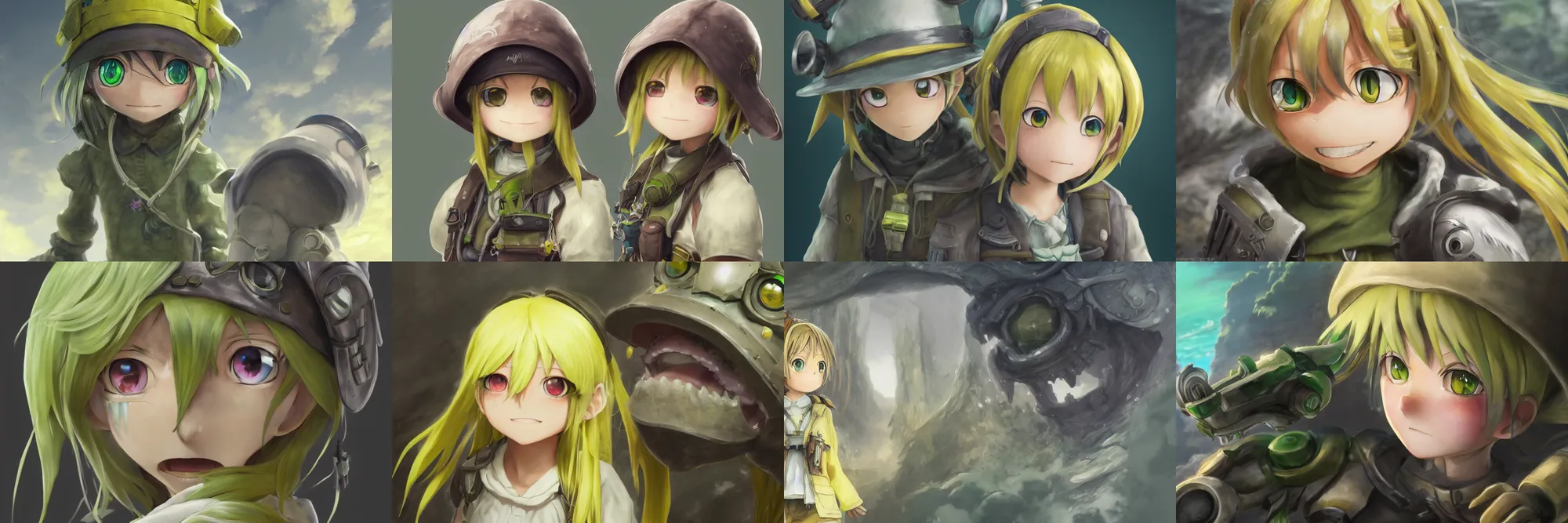 Prompt: made in abyss riko concept art, super detailed face and green eyes, yellow hair, colorful, WLOP, kuvshinov, Tran Ross, trending on artstation, hyperdetailed, Unreal Engine 4k, 8k, ultra HD