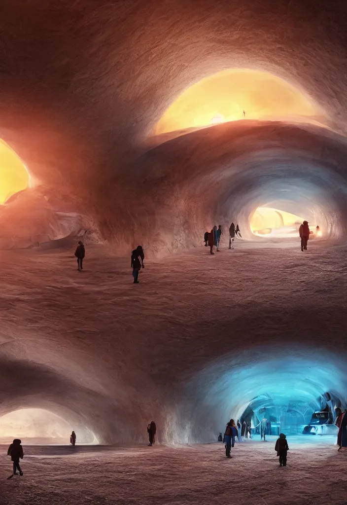 Image similar to Multiple tunnels in antartica with a transparent roof that shows a beautiful sunset, multiple people in the tunnels around campfires and futuristic igloos, facinating, fantasy digital art, octane render, beautiful composition, trending on artstation, award-winning photograph, masterpiece