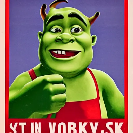 Prompt: 1 9 5 0 s style labor poster of shrek working as a retail worker