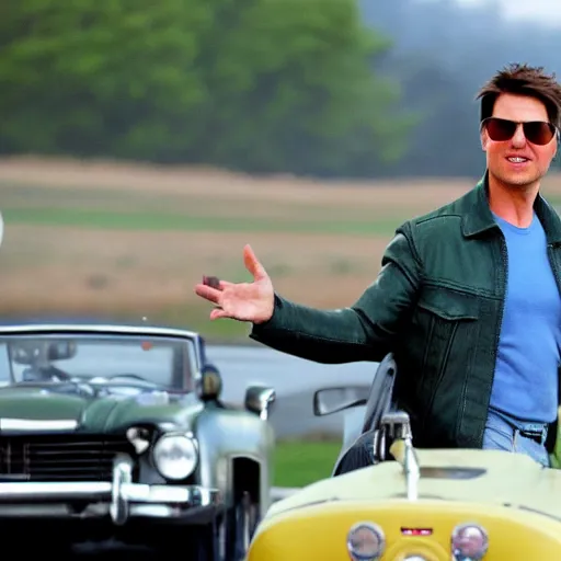 Image similar to Tom Cruise waving to fans. He's wearing blue jeans and a green jacket, Ralph Lauren. A helicopter is in the background. Shallow depth of field