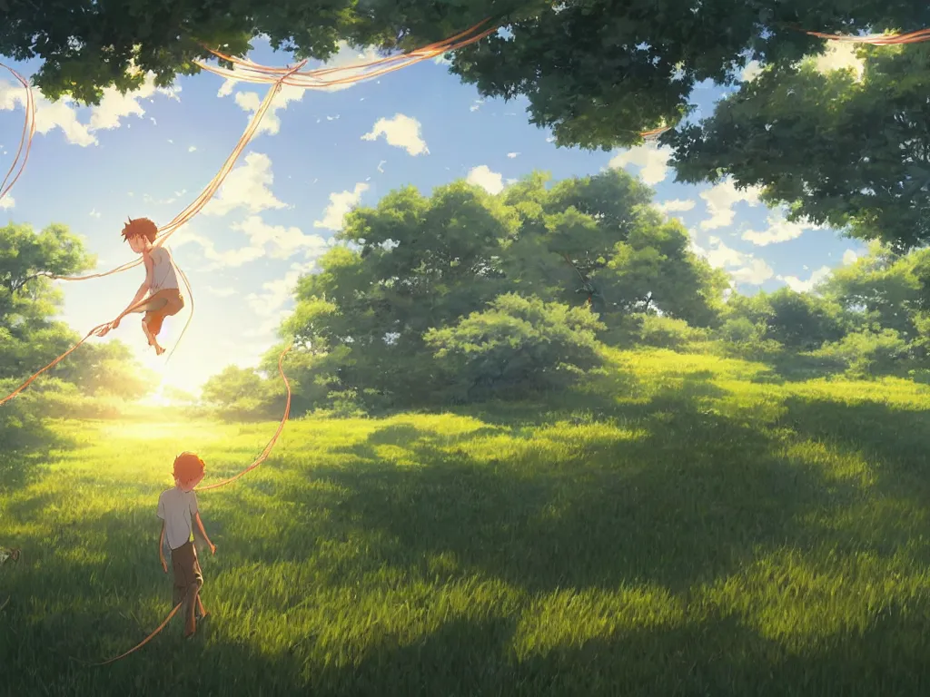Prompt: extreme wide shot of a summer landscape, with a boy holding on to a string that connects to a web that envelopes the sun. Digital art by Makoto shinkai and Rebecca Sugar and Alan Lee.