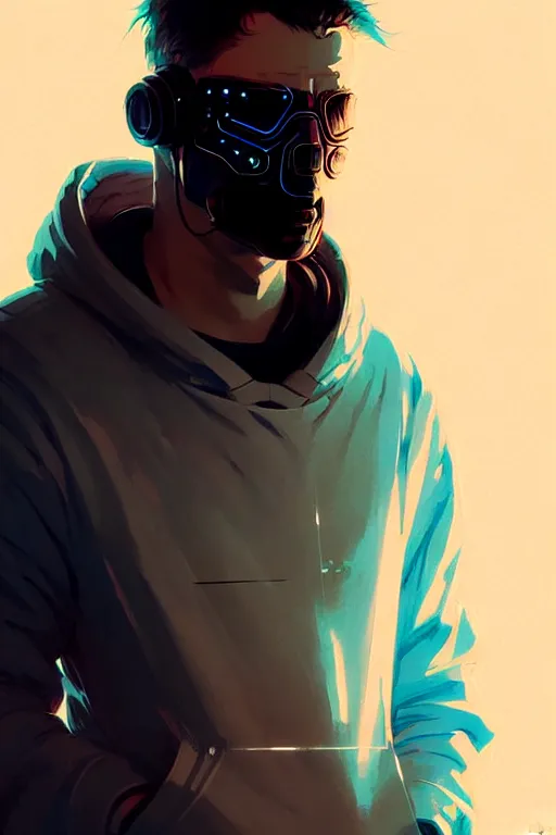Image similar to cyberpunk synth, hyper - realistic portrait of a man in a hoodie, cyberpunk, by atey ghailan, by greg rutkowski, by greg tocchini, by james gilleard, by joe fenton, by kaethe butcher, dynamic lighting, gradient light blue, brown, blonde cream and white color scheme, grunge aesthetic