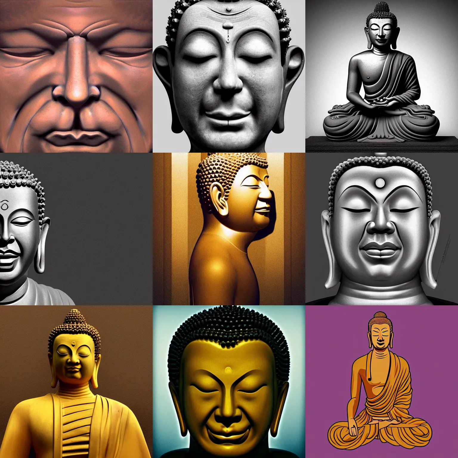 Prompt: meditating Aphex twin’s face, body of meditating Buddha, trending on artstation,