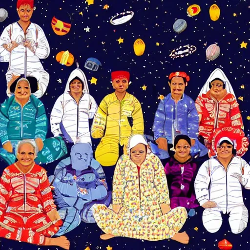 Prompt: indian grandmothers and grandfathers having a pyjama party floating in space wearing spacesuits and helmets