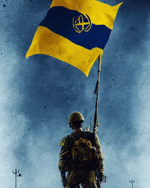 Prompt: badass brave Ukranian soldier, Ukranian flag, yellow, blue. dramatic lighting, cinematic, establishing shot, extremely high detail, photorealistic, cinematic lighting, artstation