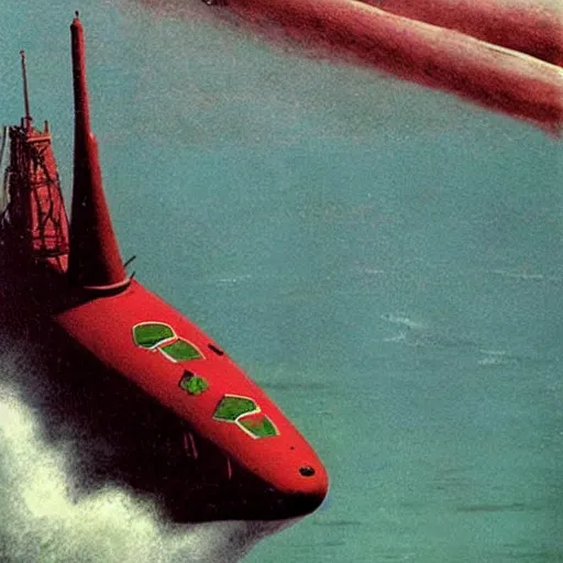 Prompt: a realistic soviet era submarine launching an icbm in deep murky water, flat, matte, propganda poster, thalassophobia