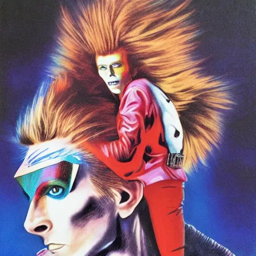 Prompt: david bowie giving a piggy back ride to ziggy stardust. glam rock. cosmic. peter elson. highly detailed china girl face over shoulder