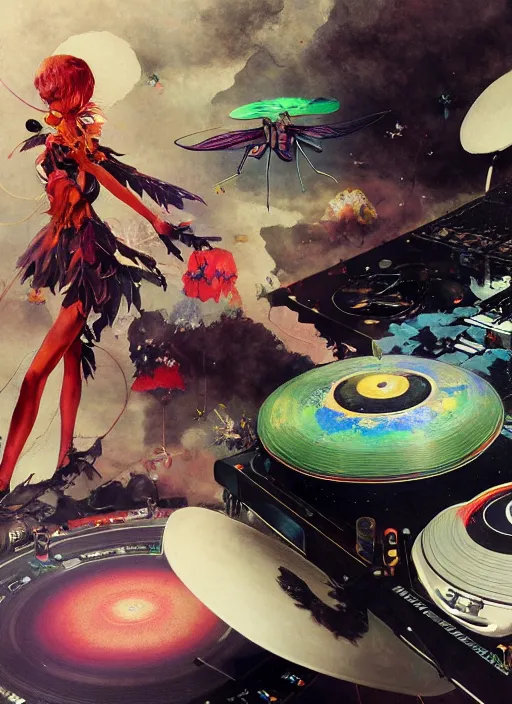 Image similar to surreal gouache painting, by yoshitaka amano, by ruan jia, by Conrad roset, by good smile company, detailed anime 3d render of a magical Dragonfly flying over a Mushroom on a DJ Mixer, Vinyl deck, controller, portrait, cgsociety, artstation, rococo mechanical and Digital and electronic, dieselpunk atmosphere