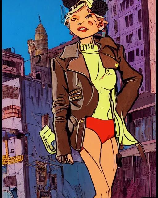 Image similar to young female protagonist in leather jacket, city street, artwork by ralph bakshi