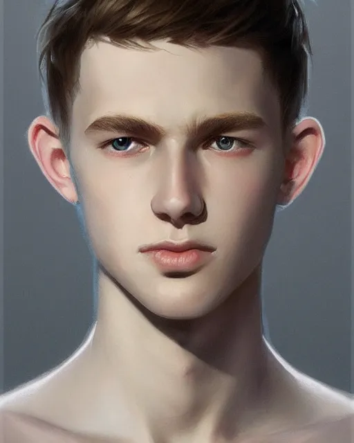 Image similar to portrait of 1 5 - year - old boy, with slender, white - blond hair, cold grey eyes, a pale complexion with sharp and pointed features, highly detailed, digital painting, artstation, concept art, smooth, sharp focus, illustration, art by artgerm and greg rutkowski and alphonse mucha