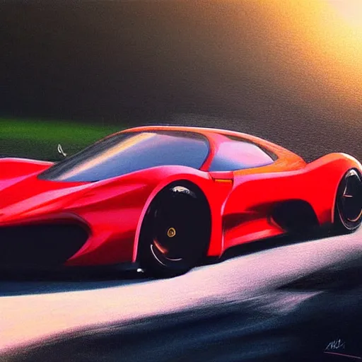 Image similar to fast sportscar reminiscent of ferrari and porsche in a lush field, shiny, red, beautiful lighting, photorealistic, sharp, sunset, by artgerm
