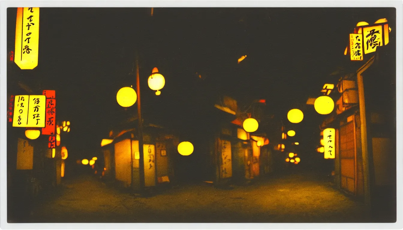 Image similar to colorful instant photograph of old japanese street at night, polaroid, light leak, raw, nostalgic