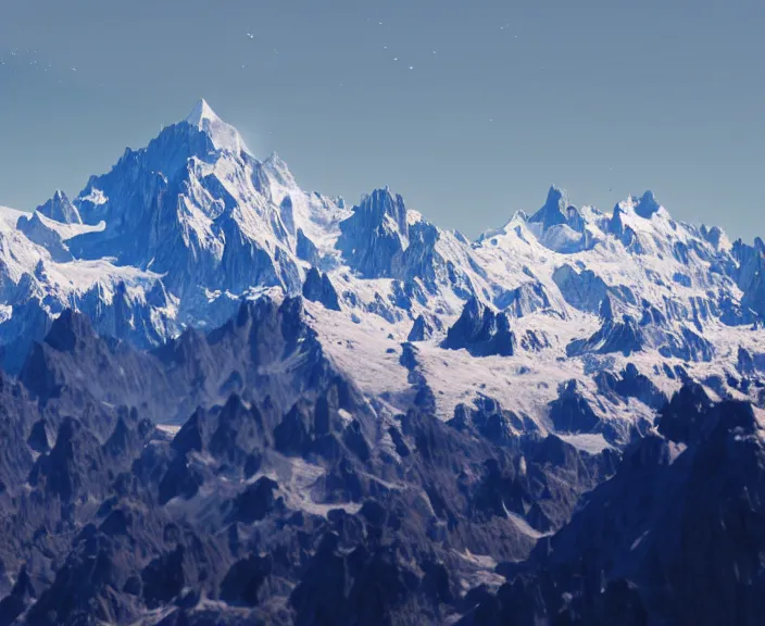 Image similar to 4 k hd, high detail photograph of mont blanc from far away, shot with sigma f / 4. 2, 2 5 0 mm sharp lens, wide shot, consistent, volumetric lighting, high level texture render