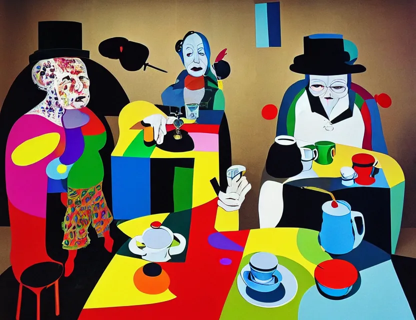 Image similar to a colorful installation sculpture artwork of a old and strange dusty professor in black suite and hat and a old woman making a study of drinking 1 0 cups of black coffee in 5 seconds in a kitchen that is melting, styled by niki de saint phalle and fernando botero