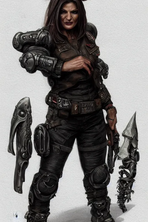 Image similar to gina carano as a shadowrun ork with prothesis metallic left arm, tusk, casual black clothing, muscular, realistic proportions, casual pose, large portrait, sci - fi, rpg character, digital painting, artstation, concept art, smooth, 8 k frostbite 3 engine, ultra detailed, art by artgerm and greg rutkowski and magali villeneuve