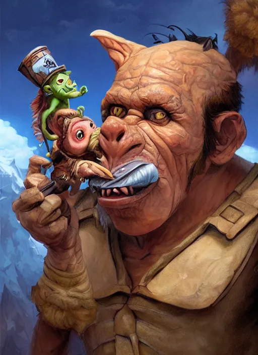 Image similar to boris vallejo and studio ghibli pathfinder 2 e illustration of a goblin mixed with a monkey smoking a cigar, pirate themed, character portrait, unreal engine, hyper realism, realistic shading, cinematic composition, realistic render, octane render, detailed textures, photorealistic, wide shot