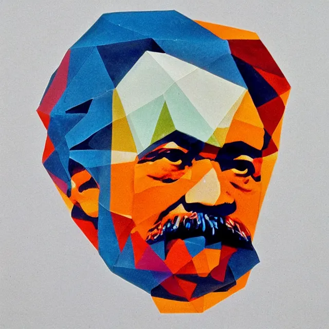 Prompt: origami of karl marx in a minimalist collage of geometric shapes, tetrachromacy, primary colors, in the style of ikko tanaka, japanese graphic design, 1 9 9 0