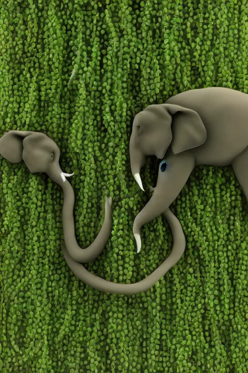 Prompt: ultra - realistic 3 d render of vines forming the shape of mother elephant and child elephant and infected with flowers, beautiful, elegant